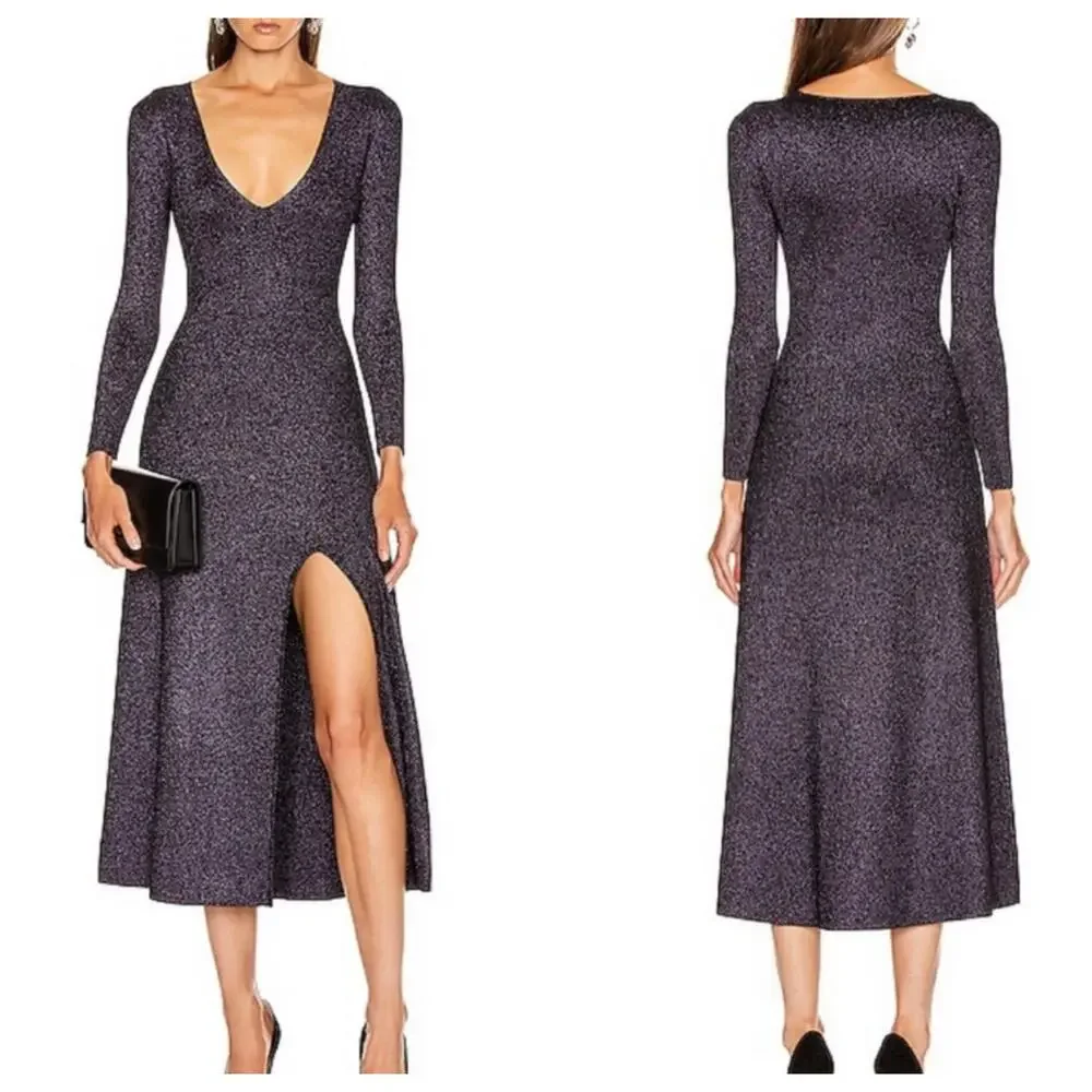 A.L.C. Midi Dress Knit Long Sleeve V-Neck Purple Metallic New - Picture 2 of 5